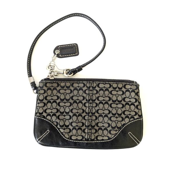 Coach Mini C Signature Black and Gray Jacquard Canvas Black Leather Wristlet - Picture 1 of 9